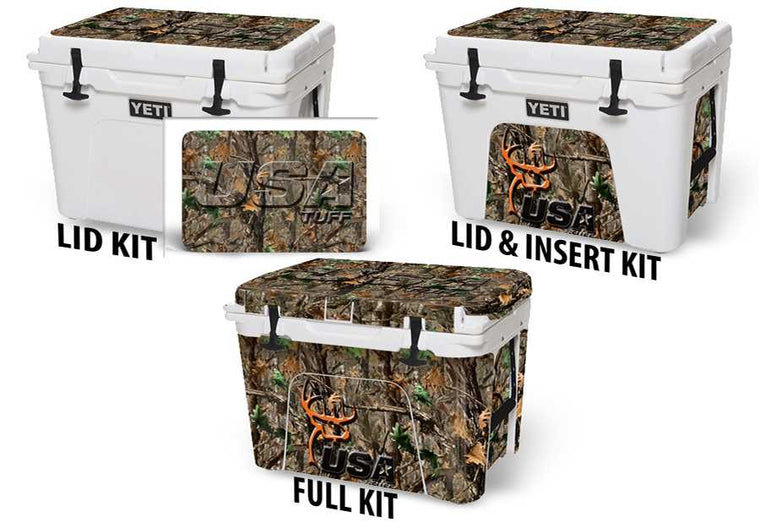 USATuff Vinyl Cooler Wrap Decal Skin Sticker Kit - Woodland Camo Deer Head
