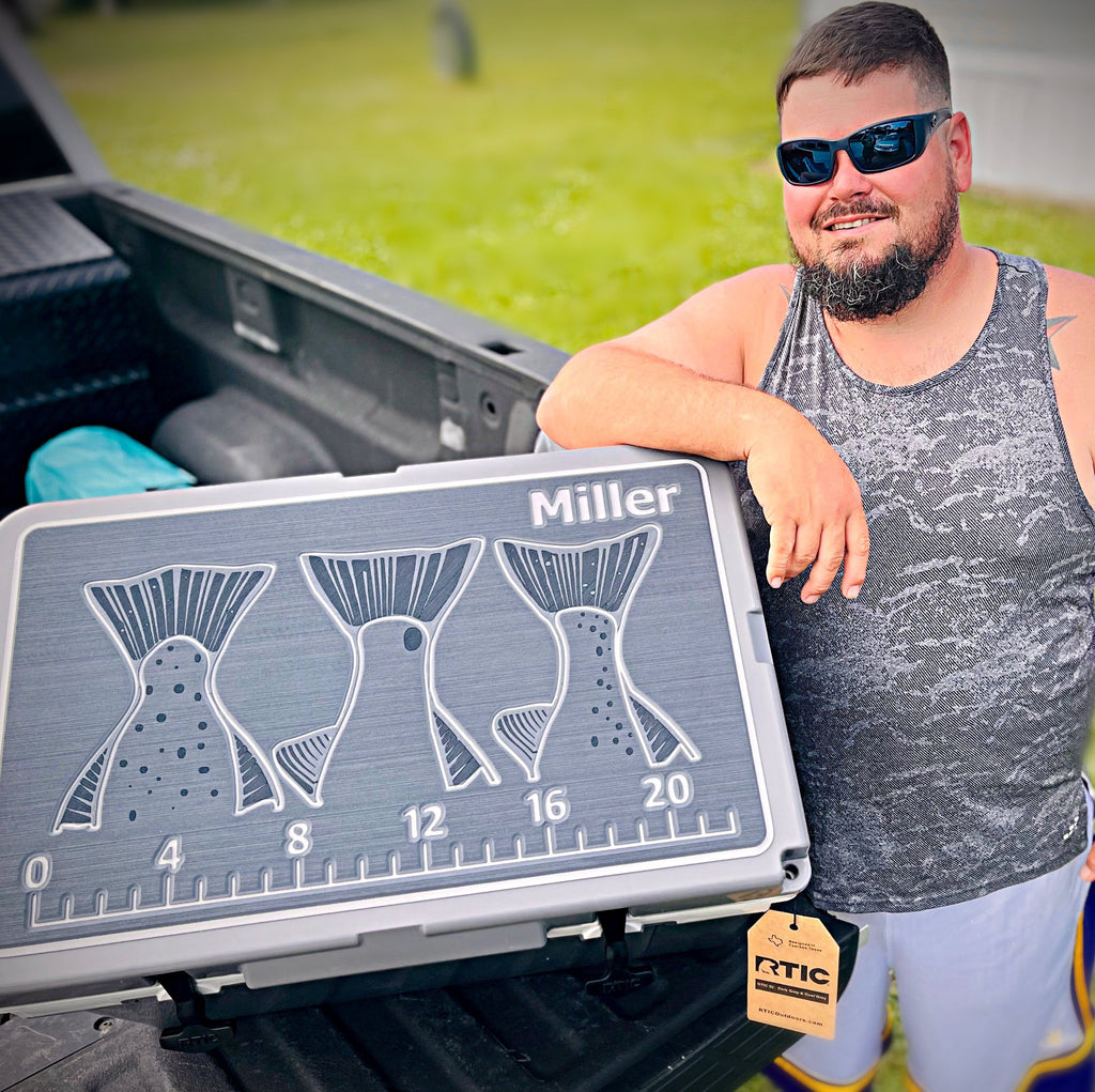 Custom SeaDek Cooler Pad for RTIC - Fishing theme with ruler and 'Miller' personalization				