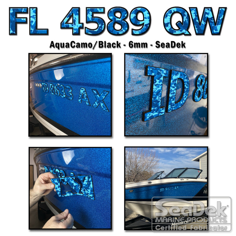 3D raised boat registration numbers made from dual-layer SeaDek EVA foam in AquaCamo over Black color scheme