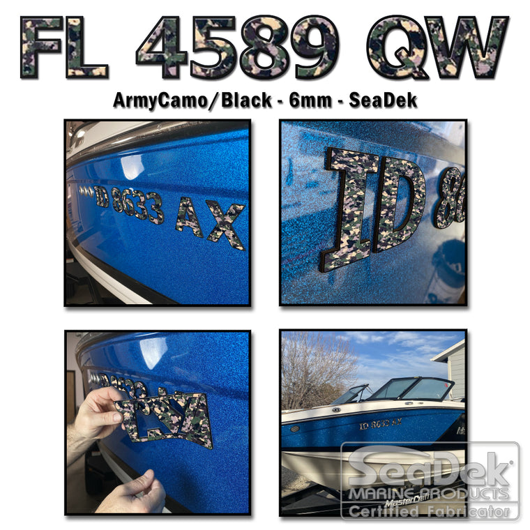 3D raised boat registration numbers made from dual-layer SeaDek EVA foam in ArmyCamo over Black color scheme