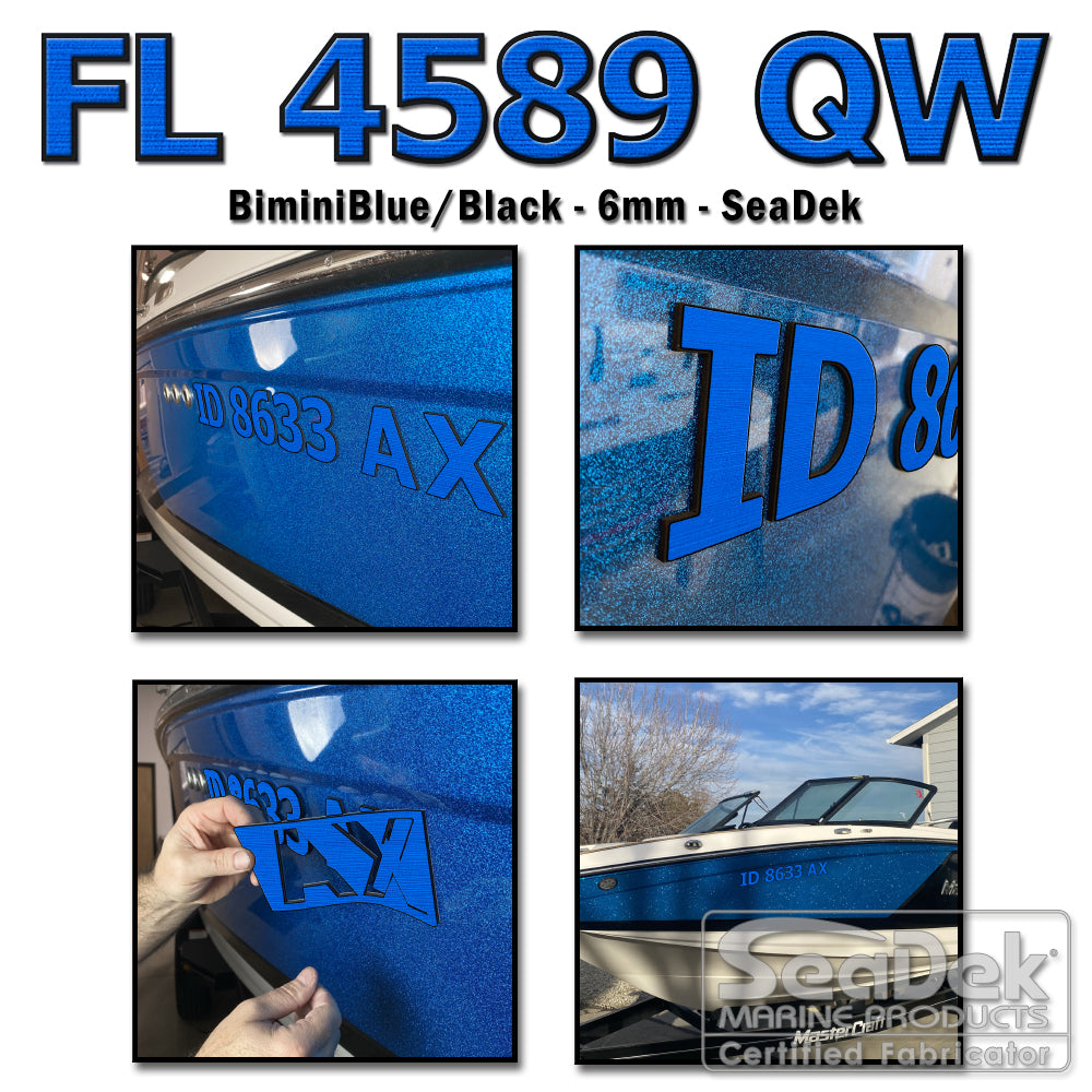 3D raised boat registration numbers made from dual-layer SeaDek EVA foam in BiminiBlue over Black color scheme