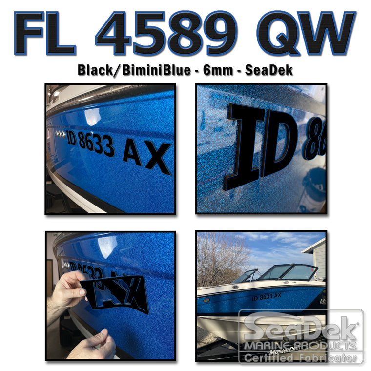 3D raised boat registration numbers made from dual-layer SeaDek EVA foam in Black over BiminiBlue color scheme