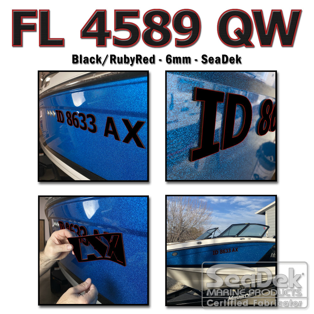 3D raised boat registration numbers made from dual-layer SeaDek EVA foam in Black over RubyRed color scheme