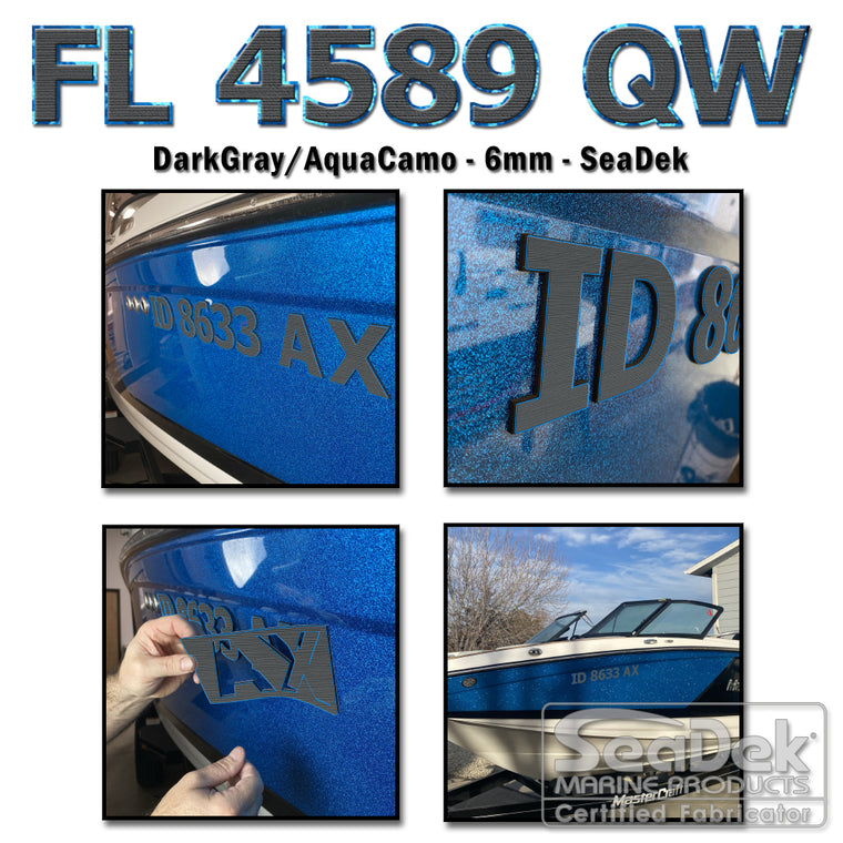 3D raised boat registration numbers made from dual-layer SeaDek EVA foam in DarkGray over AquaCamo color scheme