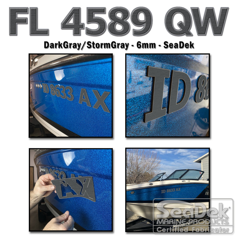 3D raised boat registration numbers made from dual-layer SeaDek EVA foam in DarkGray over StormGray color scheme