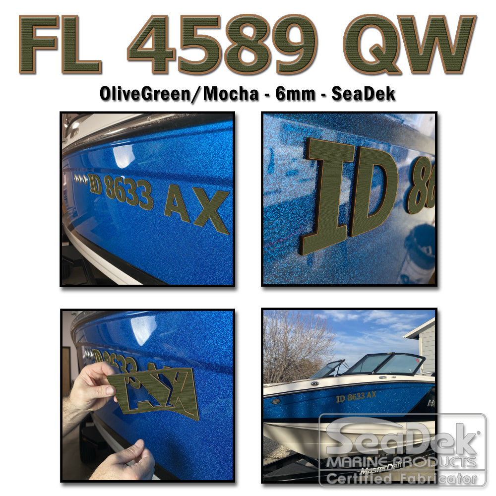 3D raised boat registration numbers made from dual-layer SeaDek EVA foam in OliveGreen over Mocha color scheme
