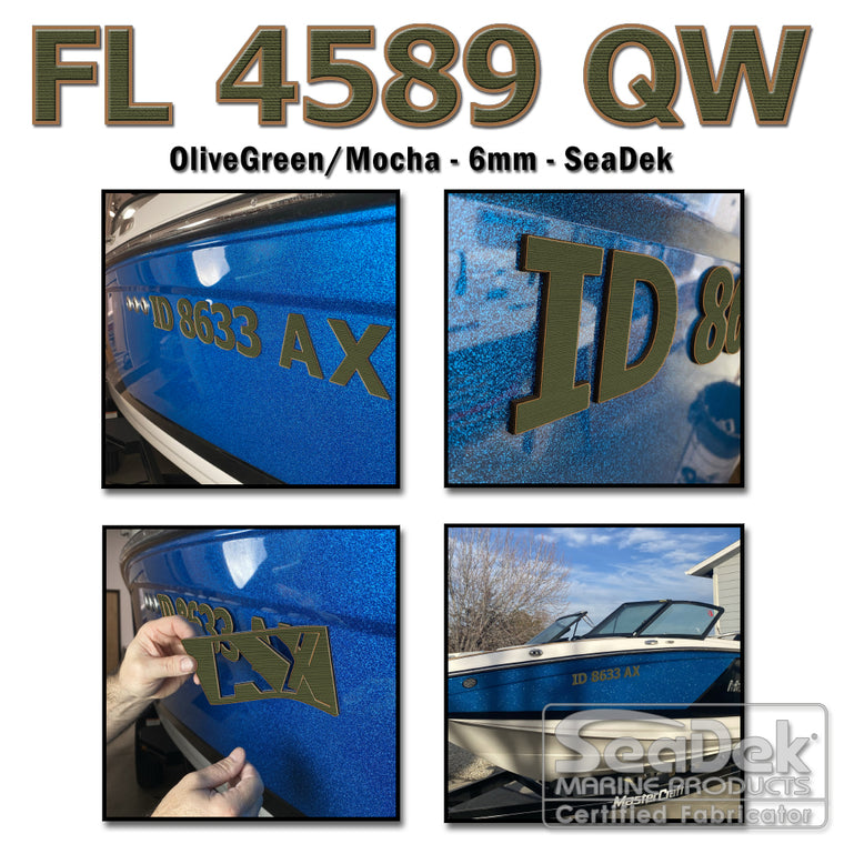 3D raised boat registration numbers made from dual-layer SeaDek EVA foam in OliveGreen over Mocha color scheme