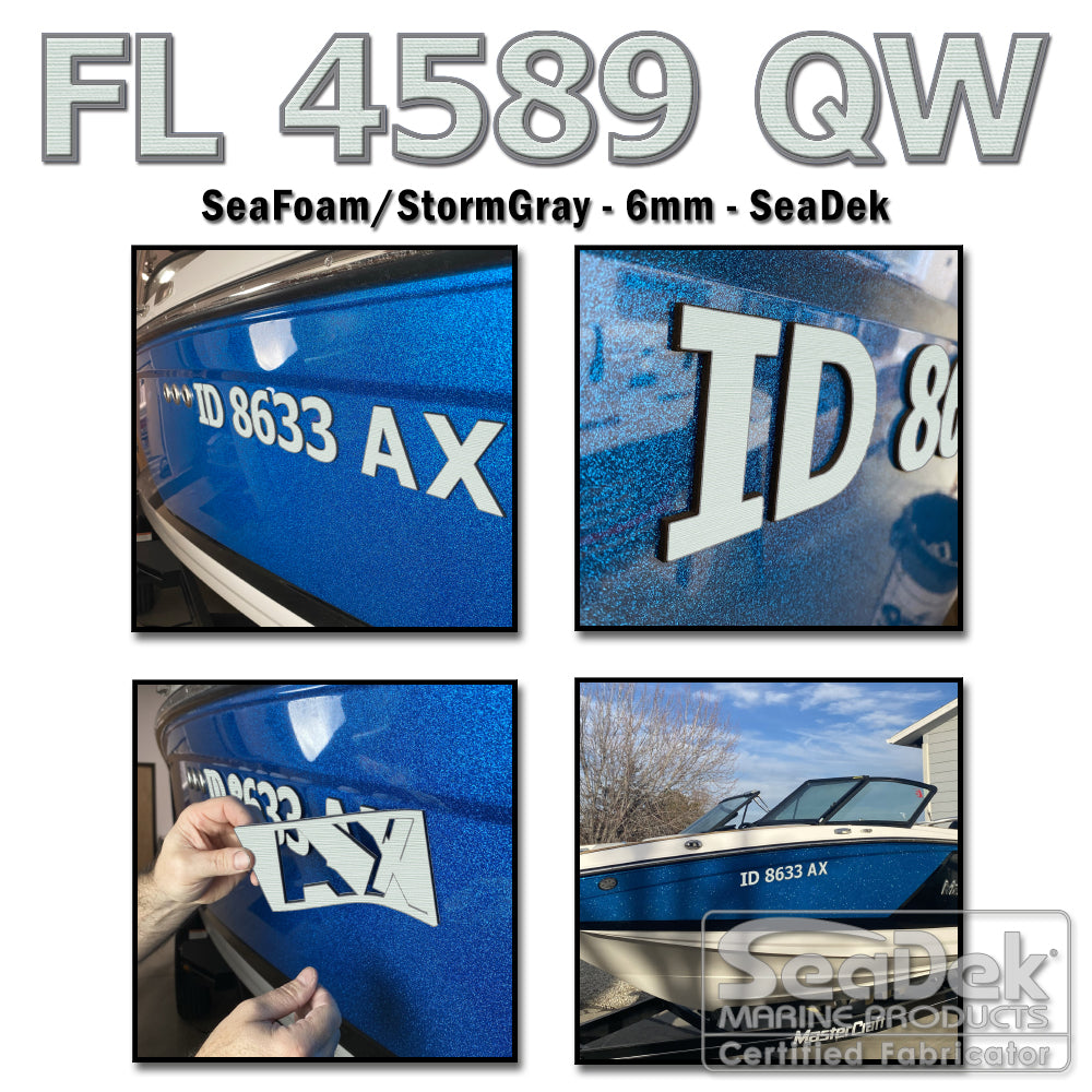 3D raised boat registration numbers made from dual-layer SeaDek EVA foam in Seafoam over StormGray color scheme