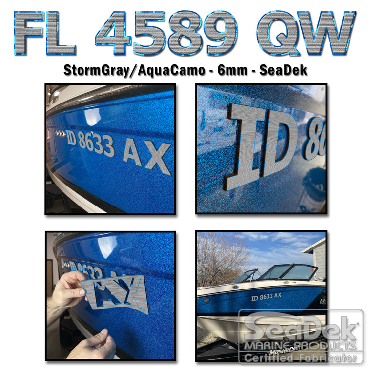 3D raised boat registration numbers made from dual-layer SeaDek EVA foam in StormGray over AquaCamo color scheme