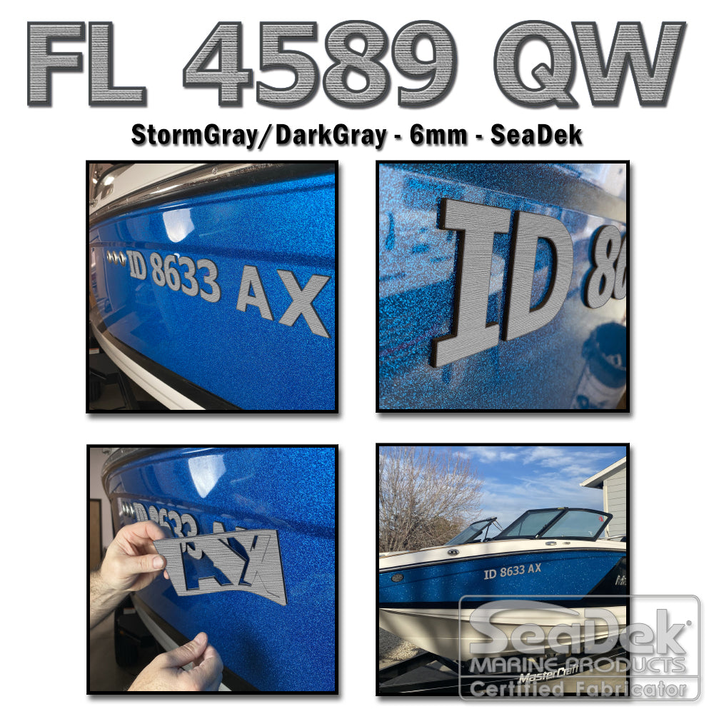 3D raised boat registration numbers made from dual-layer SeaDek EVA foam in StormGray over DarkGray color scheme