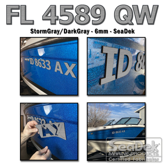 3D raised boat registration numbers made from dual-layer SeaDek EVA foam in StormGray over DarkGray color scheme