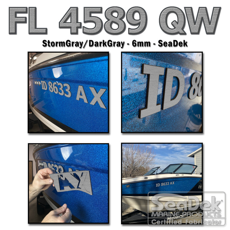 3D raised boat registration numbers made from dual-layer SeaDek EVA foam in StormGray over DarkGray color scheme