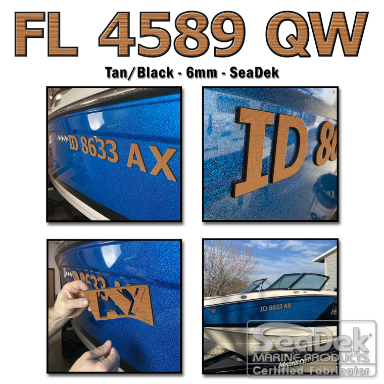 3D raised boat registration numbers made from dual-layer SeaDek EVA foam in Mocha over Black color scheme