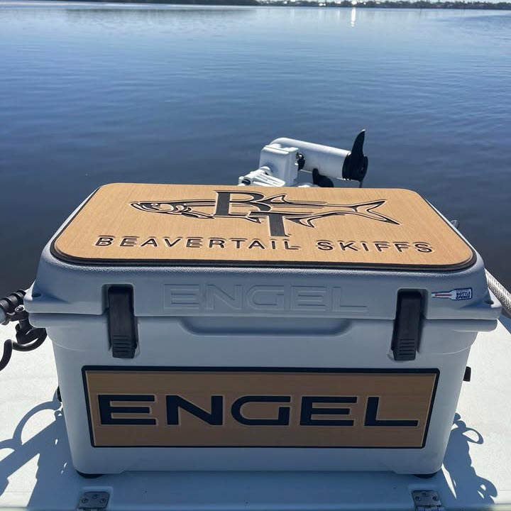 Custom Mocha-Black SeaDek Pad on Engel Cooler - Branded with company logo				