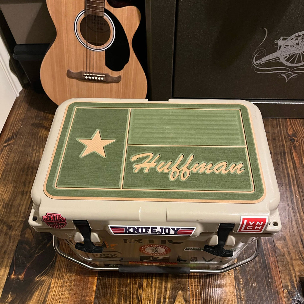 RTIC 20 Cooler Pad - Texas flag design with 'Huffman' personalization in OliveGreen-Mocha SeaDek				