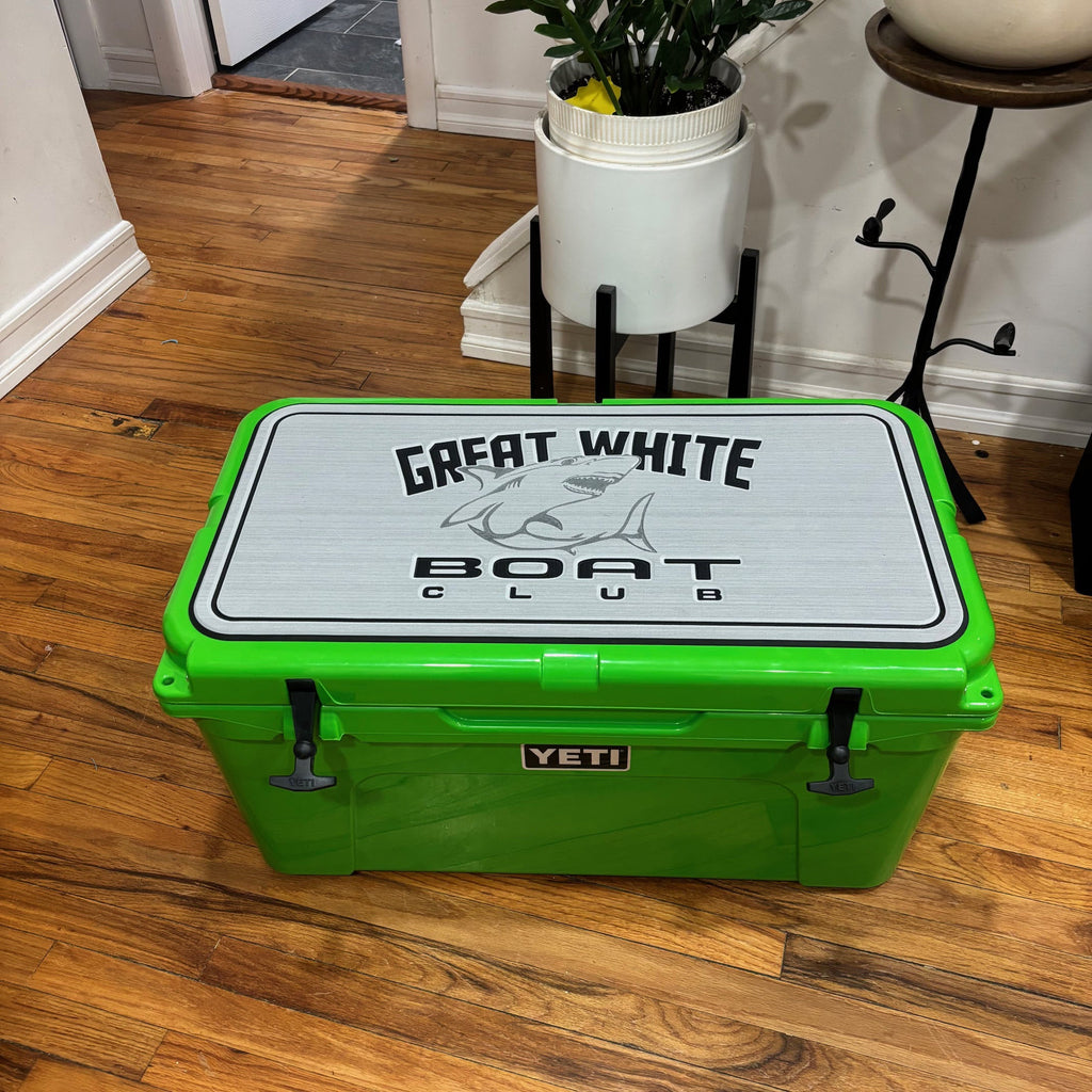 YETI 65 Cooler Top - Custom SeaDek Pad with company logo and pipeline border				
