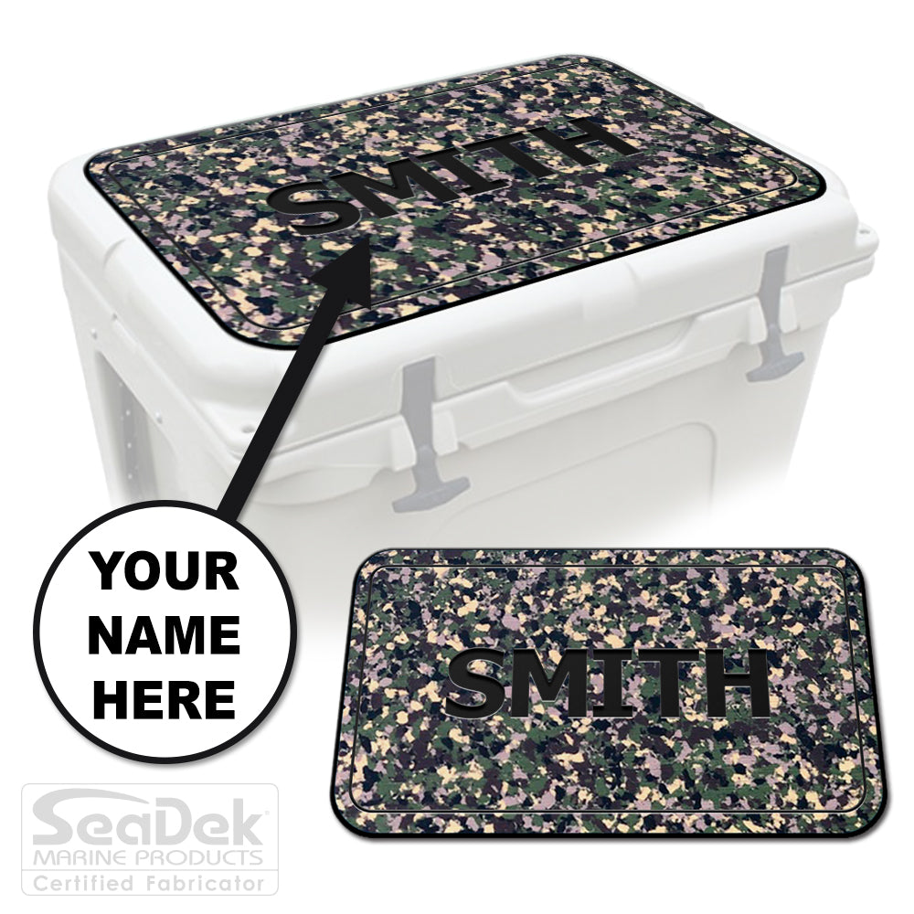 Custom SeaDek cooler pad top in ArmyCamo/Black Name Pipeline design with personalized name engraving, made to fit YETI and RTIC coolers premium EVA foam pad by USATuff.