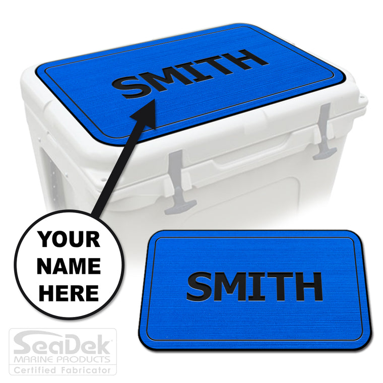 Custom SeaDek cooler pad top in BiminiBlue/Black Name Pipeline design with personalized name engraving, made to fit YETI and RTIC coolers premium EVA foam pad by USATuff.