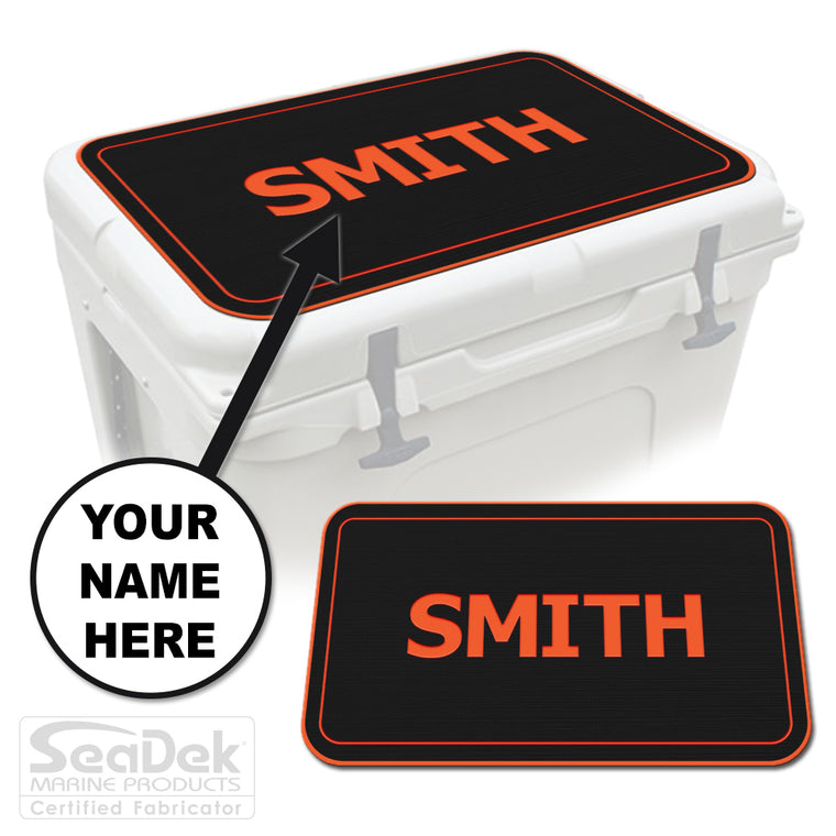 Custom SeaDek cooler pad top in Black/SunsetOrange Name Pipeline design with personalized name engraving, made to fit YETI and RTIC coolers premium EVA foam pad by USATuff.