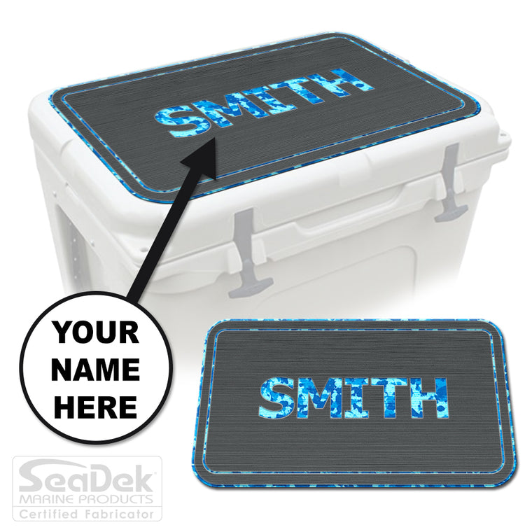 Custom SeaDek cooler pad top in DarkGray/AquaCamo Name Pipeline design with personalized name engraving, made to fit YETI and RTIC coolers premium EVA foam pad by USATuff.
