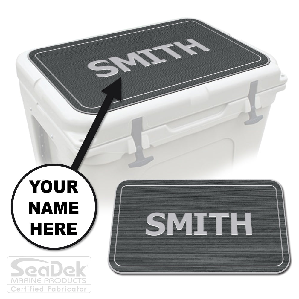 Custom SeaDek cooler pad top in DarkGray/StormGray Name Pipeline design with personalized name engraving, made to fit YETI and RTIC coolers premium EVA foam pad by USATuff.