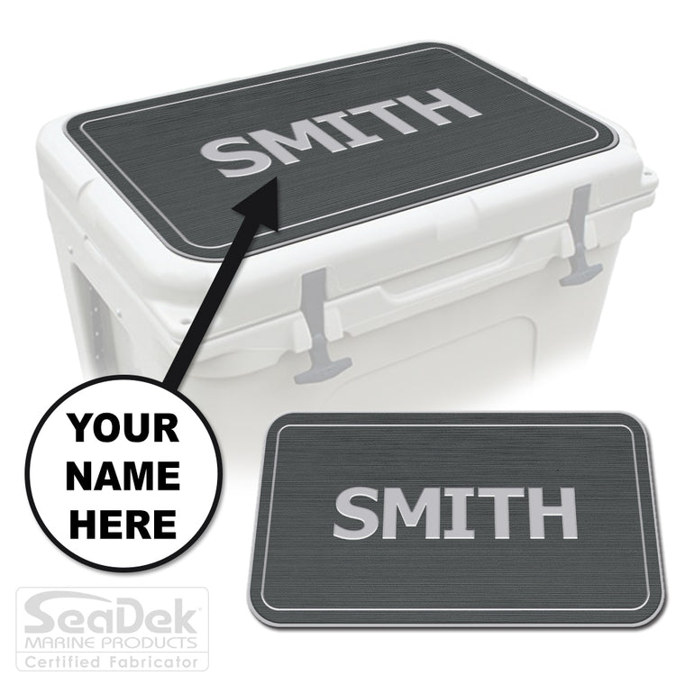 Custom SeaDek cooler pad top in DarkGray/StormGray Name Pipeline design with personalized name engraving, made to fit YETI and RTIC coolers premium EVA foam pad by USATuff.