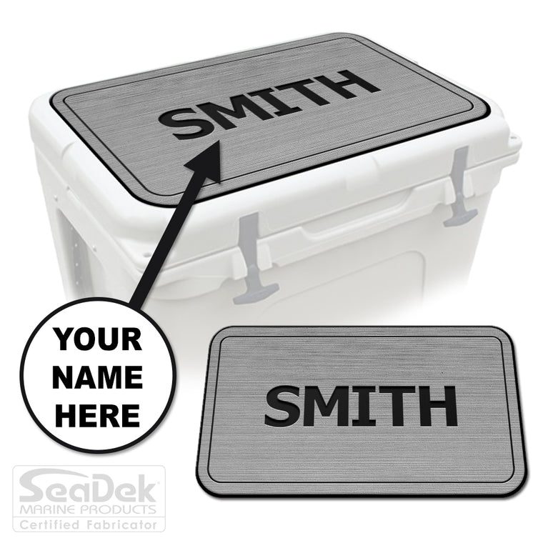 Custom SeaDek cooler pad top in StormGray/Black Name Pipeline design with personalized name engraving, made to fit YETI and RTIC coolers premium EVA foam pad by USATuff.