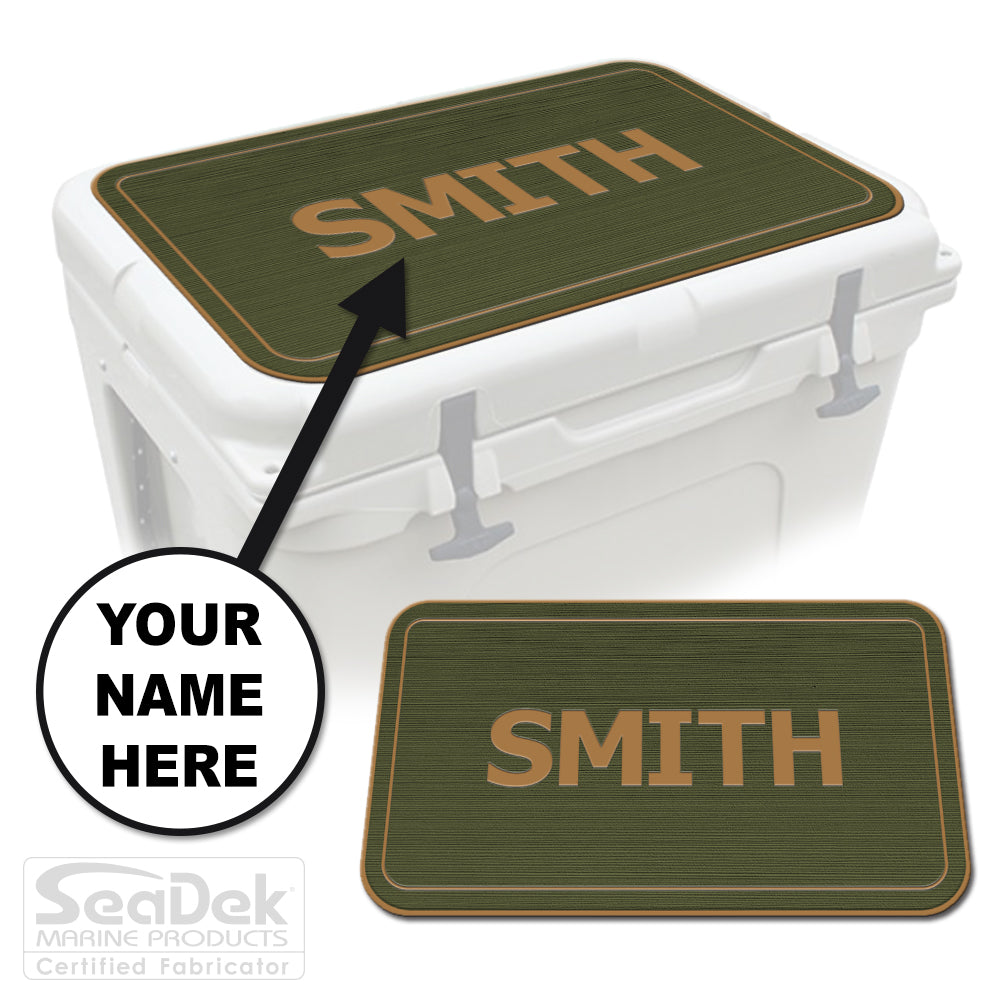 Custom SeaDek cooler pad top in OliveGreen/Mocha Name Pipeline design with personalized name engraving, made to fit YETI and RTIC coolers premium EVA foam pad by USATuff.