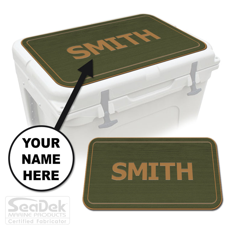 Custom SeaDek cooler pad top in OliveGreen/Mocha Name Pipeline design with personalized name engraving, made to fit YETI and RTIC coolers premium EVA foam pad by USATuff.