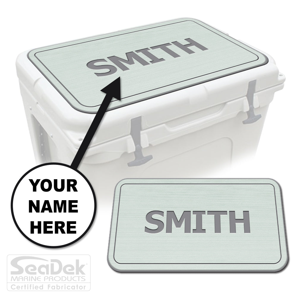 Custom SeaDek cooler pad top in Seafoam/StormGray Name Pipeline design with personalized name engraving, made to fit YETI and RTIC coolers premium EVA foam pad by USATuff.