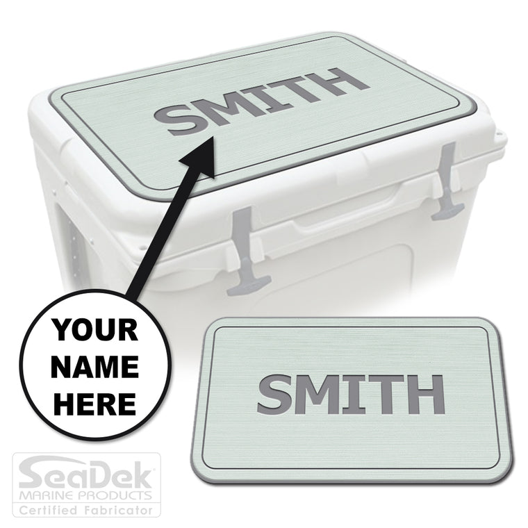 Custom SeaDek cooler pad top in Seafoam/StormGray Name Pipeline design with personalized name engraving, made to fit YETI and RTIC coolers premium EVA foam pad by USATuff.