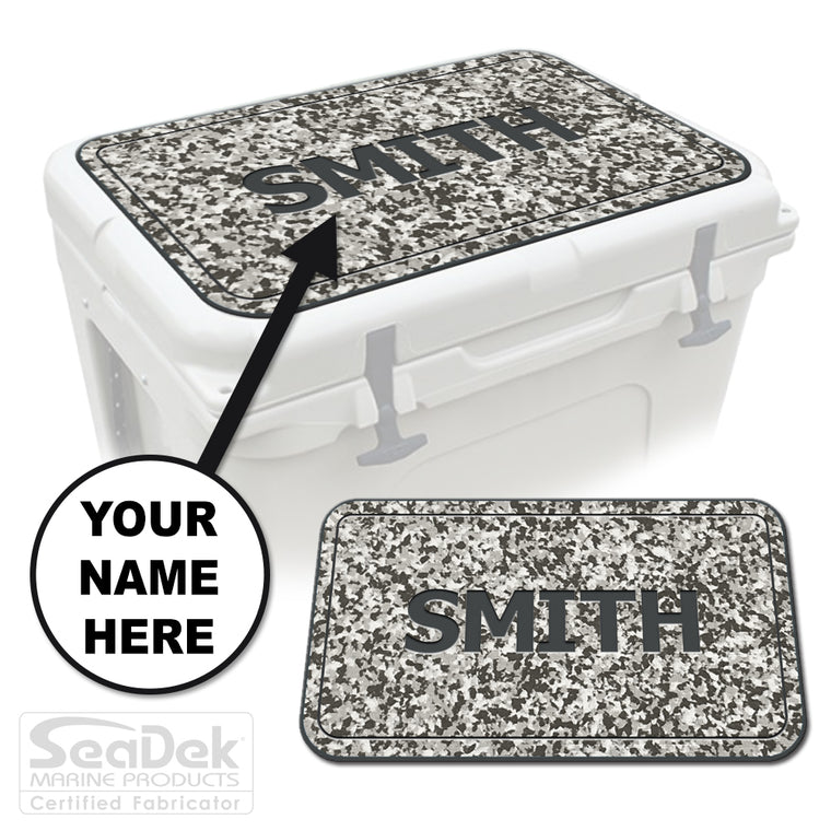 Custom SeaDek cooler pad top in SnowCamo/DarkGray Name Pipeline design with personalized name engraving, made to fit YETI and RTIC coolers premium EVA foam pad by USATuff.