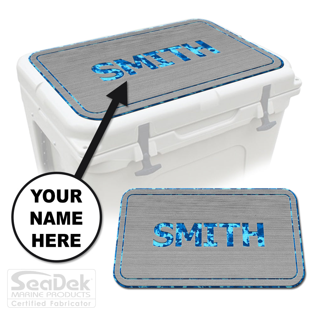 Custom SeaDek cooler pad top in StormGray/AquaCamo Name Pipeline design with personalized name engraving, made to fit YETI and RTIC coolers premium EVA foam pad by USATuff.