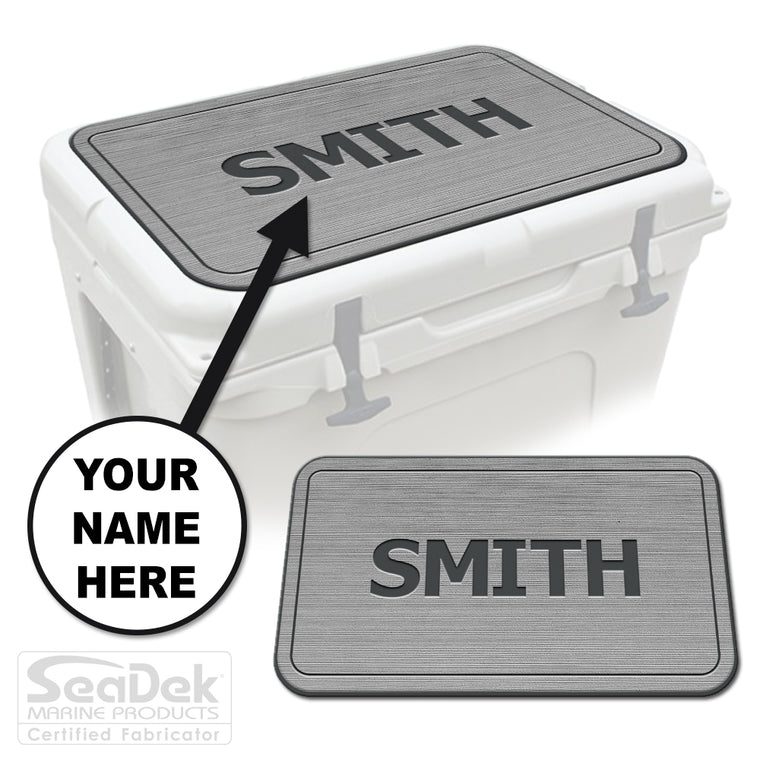 Custom SeaDek cooler pad top in StormGray/DarkGray Name Pipeline design with personalized name engraving, made to fit YETI and RTIC coolers premium EVA foam pad by USATuff.