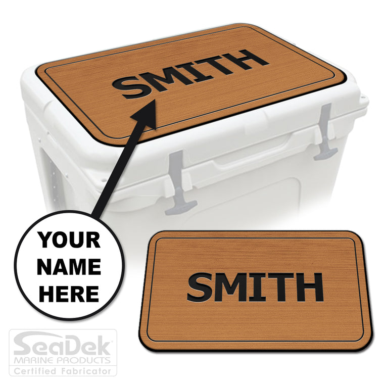 Custom SeaDek cooler pad top in Mocha/Black Name Pipeline design with personalized name engraving, made to fit YETI and RTIC coolers premium EVA foam pad by USATuff.