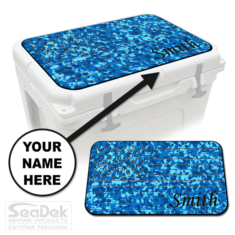 Custom SeaDek cooler pad top in AquaCamo/Black U.S. Flag design with personalized name engraving, made to fit YETI and RTIC coolers premium EVA foam pad by USATuff.