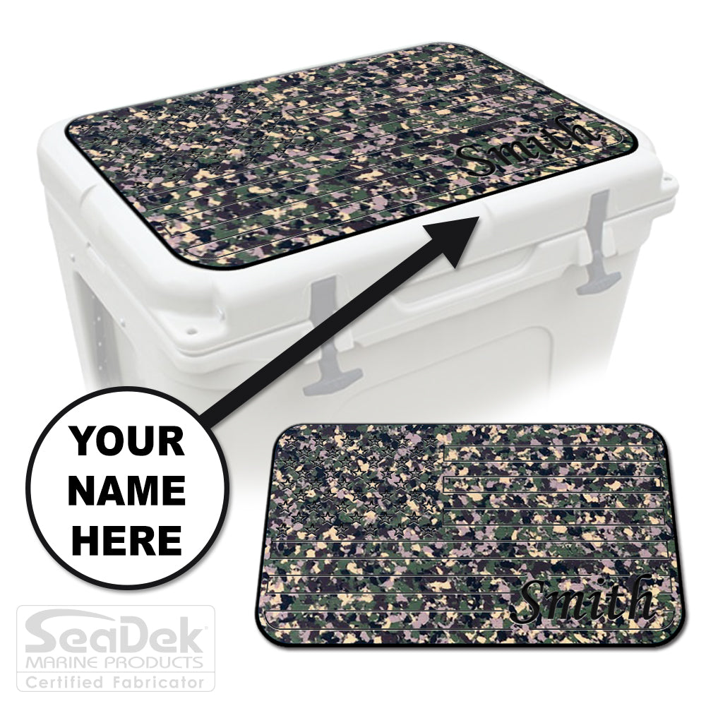 Custom SeaDek cooler pad top in ArmyCamo/Black U.S. Flag design with personalized name engraving, made to fit YETI and RTIC coolers premium EVA foam pad by USATuff.