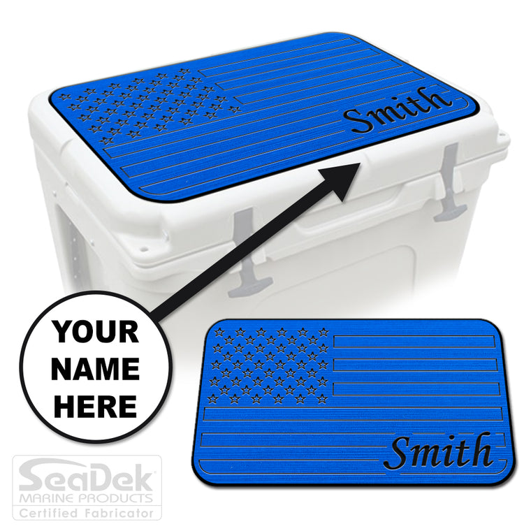 Custom SeaDek cooler pad top in BiminiBlue/Black U.S. Flag design with personalized name engraving, made to fit YETI and RTIC coolers premium EVA foam pad by USATuff.