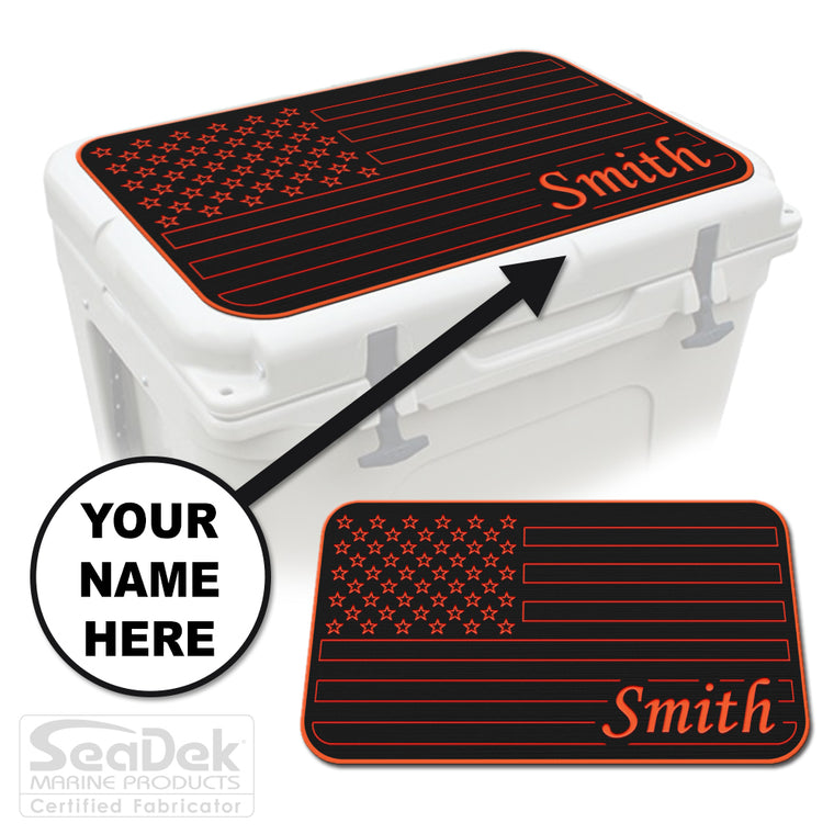Custom SeaDek cooler pad top in Black/SunsetOrange U.S. Flag design with personalized name engraving, made to fit YETI and RTIC coolers premium EVA foam pad by USATuff.