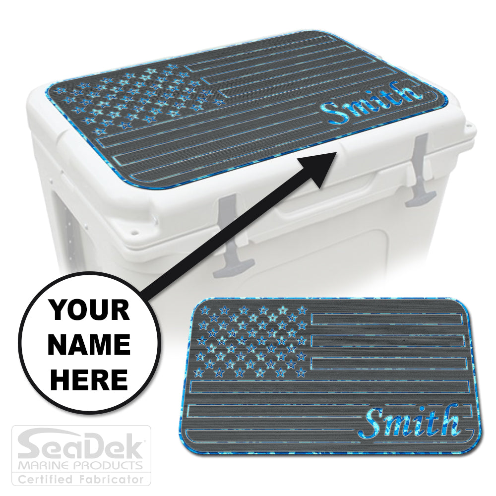 Custom SeaDek cooler pad top in DarkGray/AquaCamo U.S. Flag design with personalized name engraving, made to fit YETI and RTIC coolers premium EVA foam pad by USATuff.
