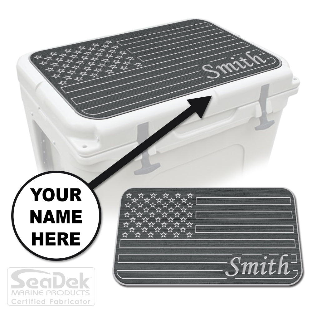 Custom SeaDek cooler pad top in DarkGray/StormGray U.S. Flag design with personalized name engraving, made to fit YETI and RTIC coolers premium EVA foam pad by USATuff.