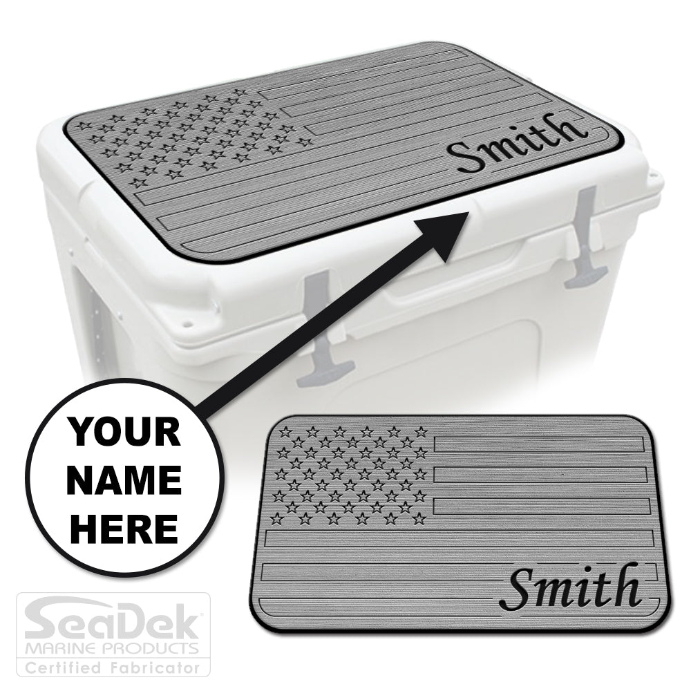 Custom SeaDek cooler pad top in StormGray/Black U.S. Flag design with personalized name engraving, made to fit YETI and RTIC coolers premium EVA foam pad by USATuff.