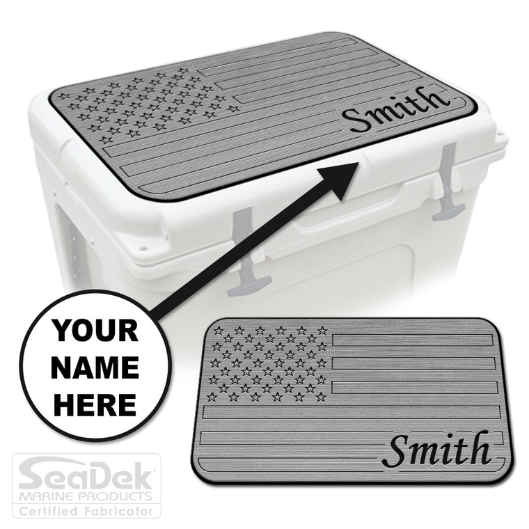 Custom SeaDek cooler pad top in StormGray/Black U.S. Flag design with personalized name engraving, made to fit YETI and RTIC coolers premium EVA foam pad by USATuff.