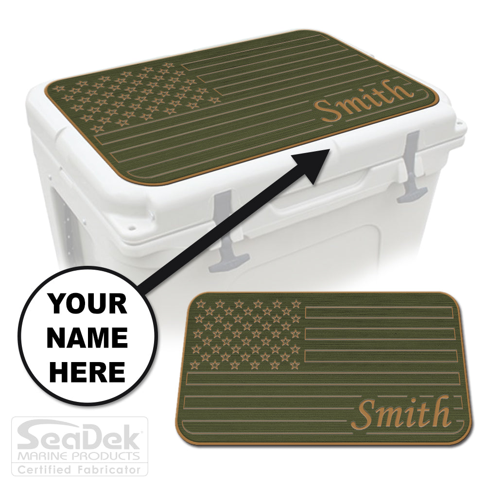 Custom SeaDek cooler pad top in OliveGreen/Mocha U.S. Flag design with personalized name engraving, made to fit YETI and RTIC coolers premium EVA foam pad by USATuff.