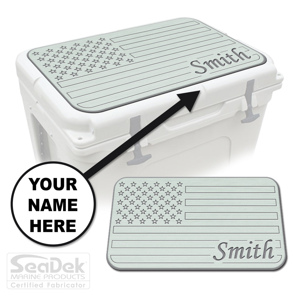 Custom SeaDek cooler pad top in Seafoam/StormGray U.S. Flag design with personalized name engraving, made to fit YETI and RTIC coolers premium EVA foam pad by USATuff.