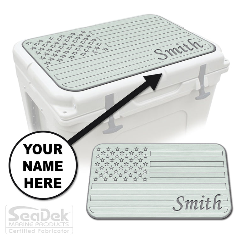 Custom SeaDek cooler pad top in Seafoam/StormGray U.S. Flag design with personalized name engraving, made to fit YETI and RTIC coolers premium EVA foam pad by USATuff.