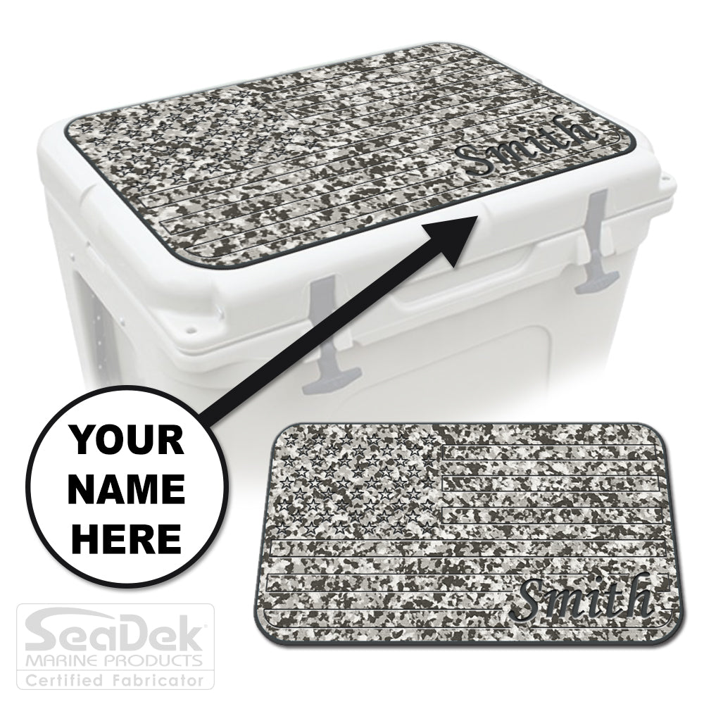 Custom SeaDek cooler pad top in SnowCamo/DarkGray U.S. Flag design with personalized name engraving, made to fit YETI and RTIC coolers premium EVA foam pad by USATuff.