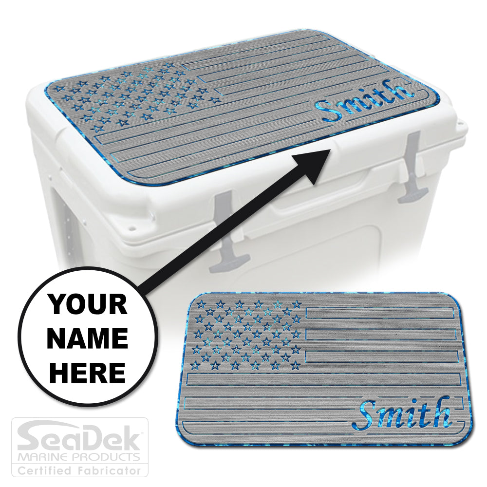 Custom SeaDek cooler pad top in StormGray/AquaCamo U.S. Flag design with personalized name engraving, made to fit YETI and RTIC coolers premium EVA foam pad by USATuff.