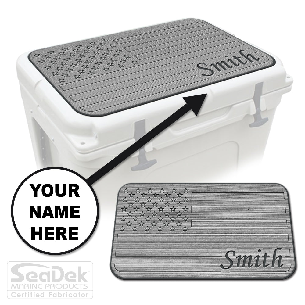 Custom SeaDek cooler pad top in StormGray/DarkGray U.S. Flag design with personalized name engraving, made to fit YETI and RTIC coolers premium EVA foam pad by USATuff.
