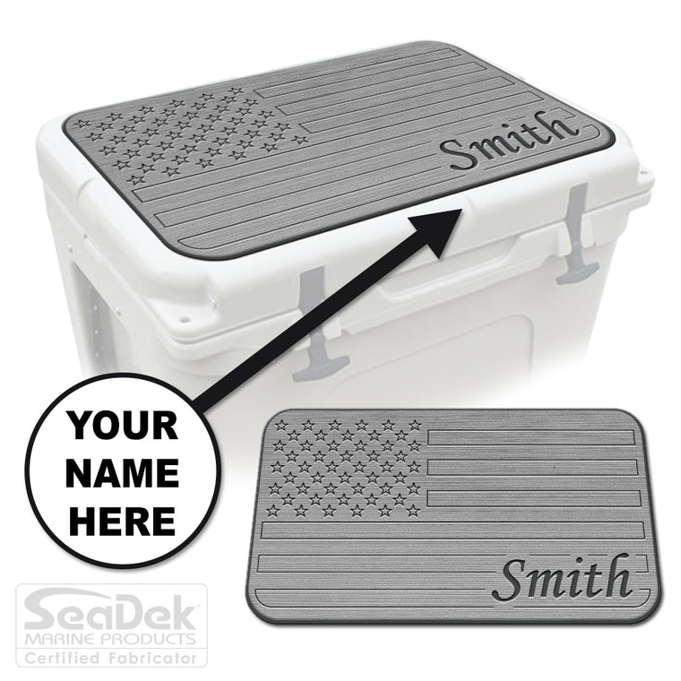 Custom SeaDek cooler pad top in StormGray/DarkGray U.S. Flag design with personalized name engraving, made to fit YETI and RTIC coolers premium EVA foam pad by USATuff.